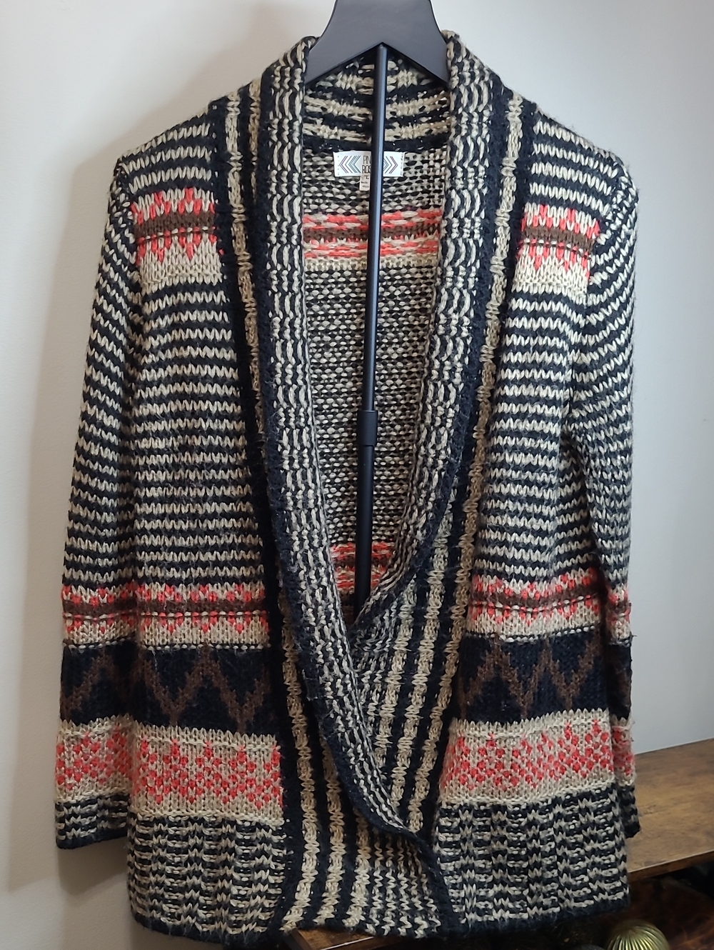 Pink Rose Black, Tan and Coral Patterned Open Front Cardigan size Large